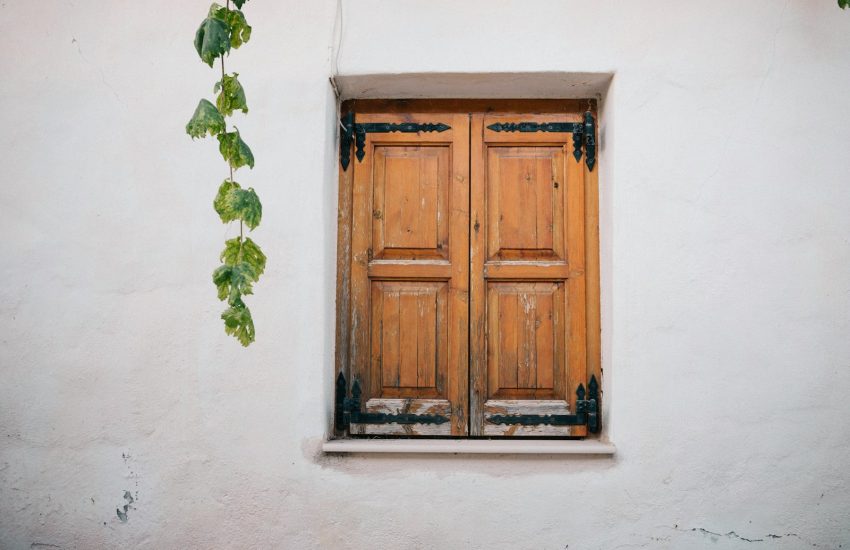 a window with a wooden door and ivy growing up the side of it